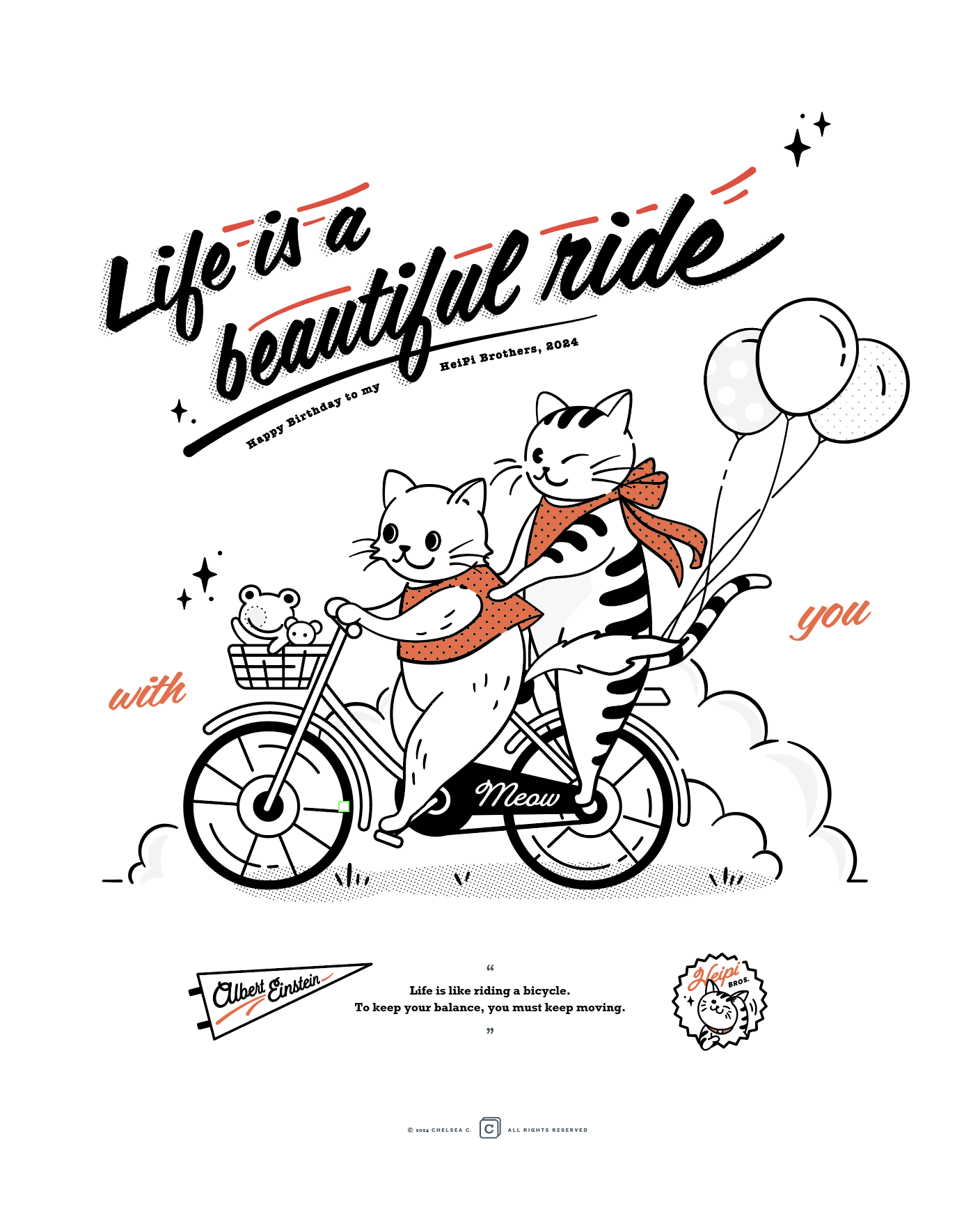 Illustration of two cats riding a bicycle together