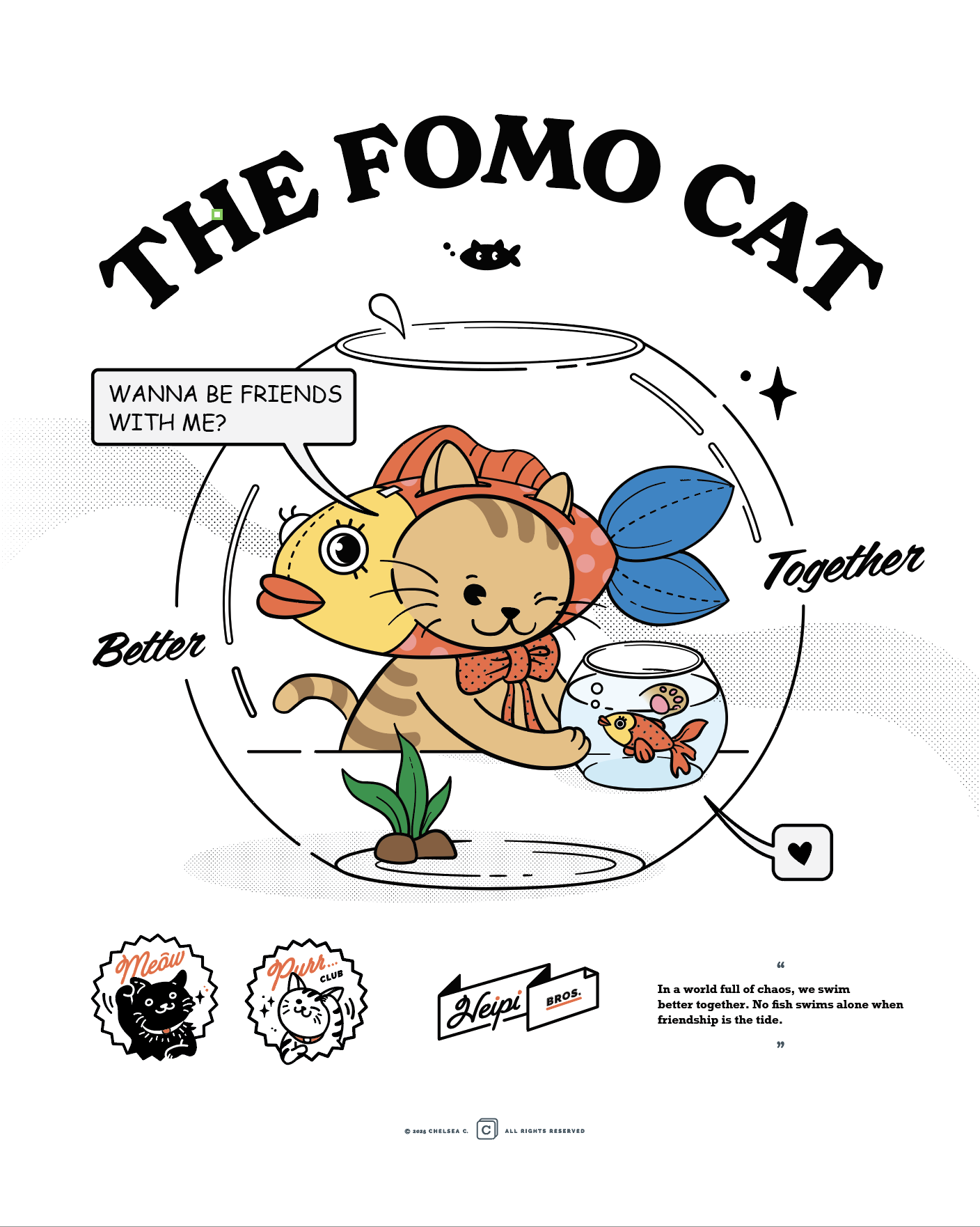 Illustration of a cat in a fish costume beside a fishbowl